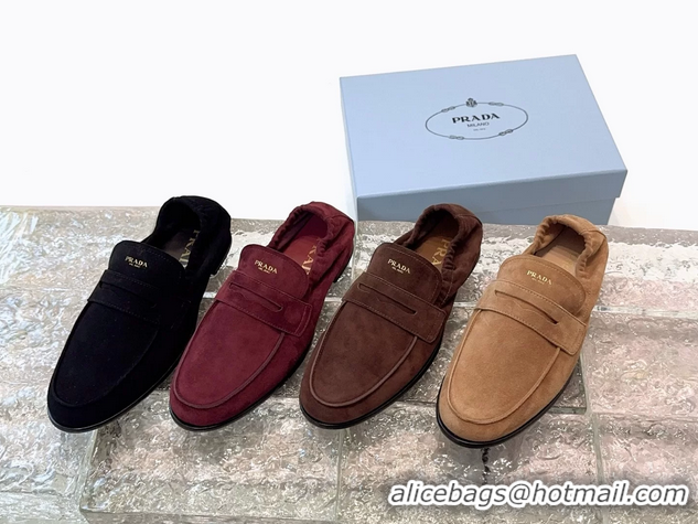New Style Prada Logo Print Shuffile Antiqued Suede Leather Loafers Brown Shoes 6050810 Brown