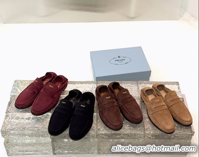 New Style Prada Logo Print Shuffile Antiqued Suede Leather Loafers Brown Shoes 6050810 Brown