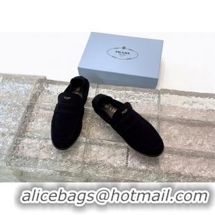 Discount Prada Logo Print Shuffile Antiqued Suede Leather Loafers Black Shoes 6050810 Black