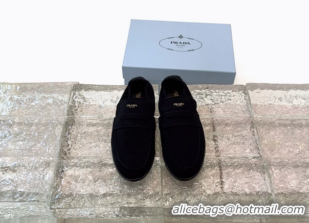 Discount Prada Logo Print Shuffile Antiqued Suede Leather Loafers Black Shoes 6050810 Black