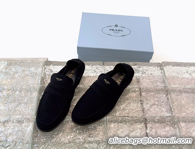 Discount Prada Logo Print Shuffile Antiqued Suede Leather Loafers Black Shoes 6050810 Black