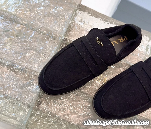 Discount Prada Logo Print Shuffile Antiqued Suede Leather Loafers Black Shoes 6050810 Black