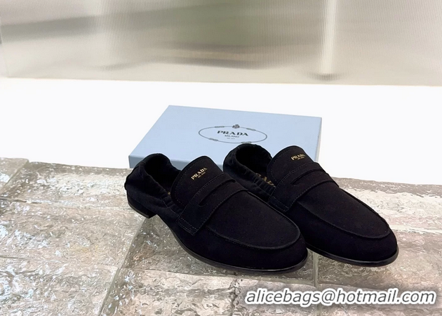 Discount Prada Logo Print Shuffile Antiqued Suede Leather Loafers Black Shoes 6050810 Black