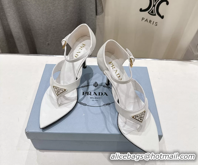 Super Quality Prada Triangle Logo White Patent Leather High Heeled Sandals 85MM 6050811 Black