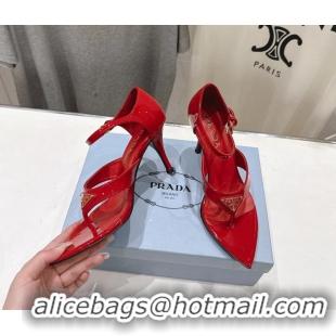 Top Quality Prada Triangle Logo Red Patent Leather High Heeled Sandals 85MM 6050811 Red