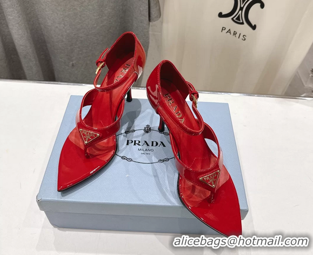 Top Quality Prada Triangle Logo Red Patent Leather High Heeled Sandals 85MM 6050811 Red