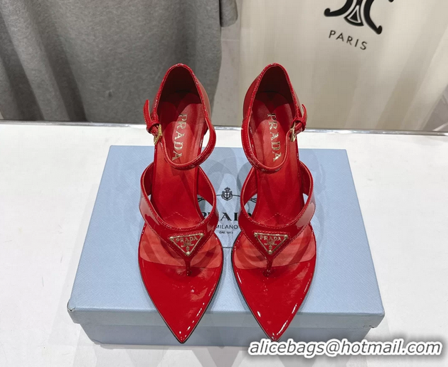 Top Quality Prada Triangle Logo Red Patent Leather High Heeled Sandals 85MM 6050811 Red