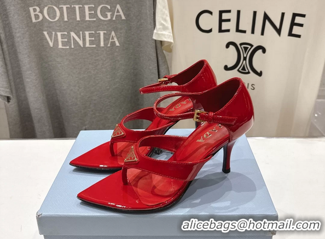 Top Quality Prada Triangle Logo Red Patent Leather High Heeled Sandals 85MM 6050811 Red