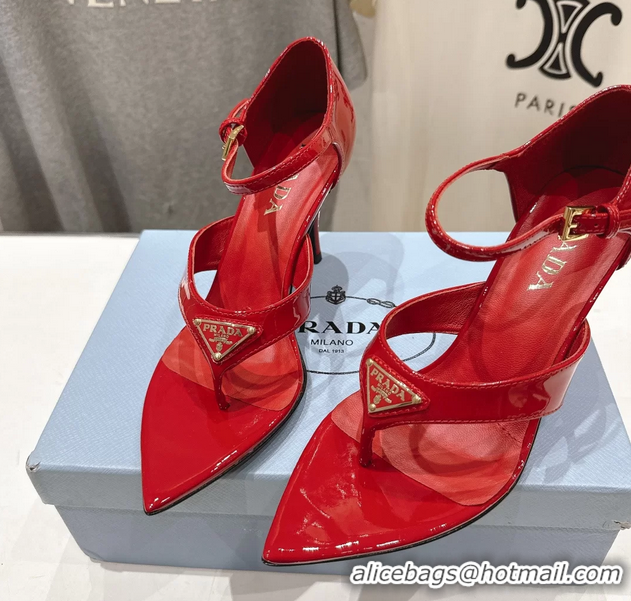 Top Quality Prada Triangle Logo Red Patent Leather High Heeled Sandals 85MM 6050811 Red