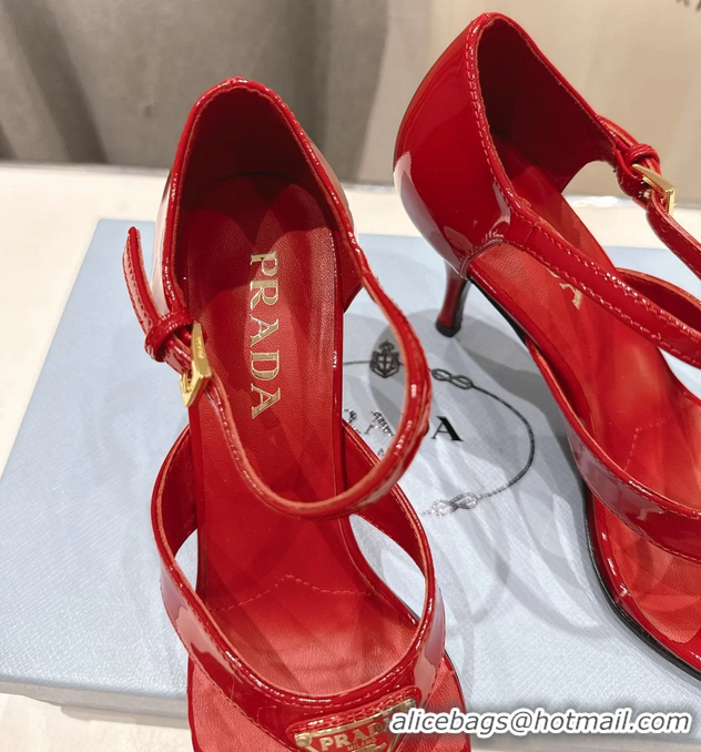 Top Quality Prada Triangle Logo Red Patent Leather High Heeled Sandals 85MM 6050811 Red