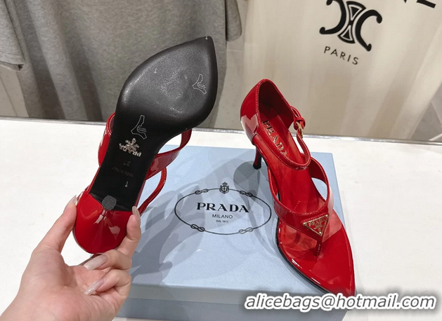 Top Quality Prada Triangle Logo Red Patent Leather High Heeled Sandals 85MM 6050811 Red