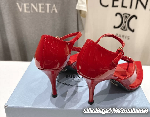 Top Quality Prada Triangle Logo Red Patent Leather High Heeled Sandals 85MM 6050811 Red