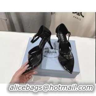 Best Price Prada Triangle Logo Black Patent Leather High Heeled Sandals 85MM 6050811 Black