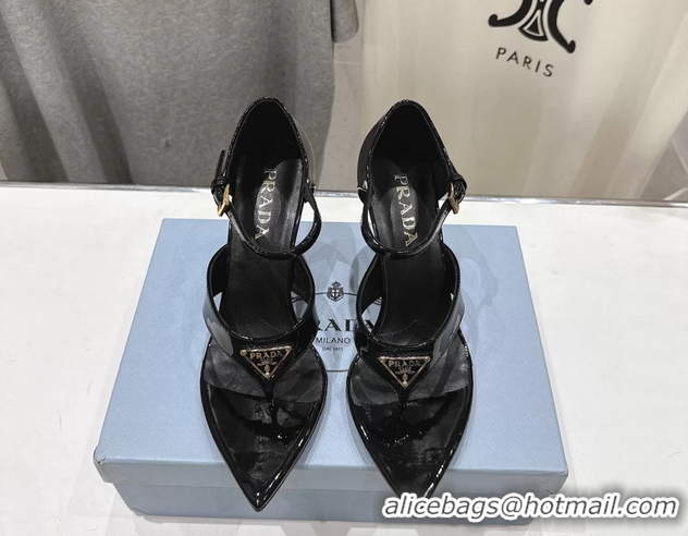 Best Price Prada Triangle Logo Black Patent Leather High Heeled Sandals 85MM 6050811 Black