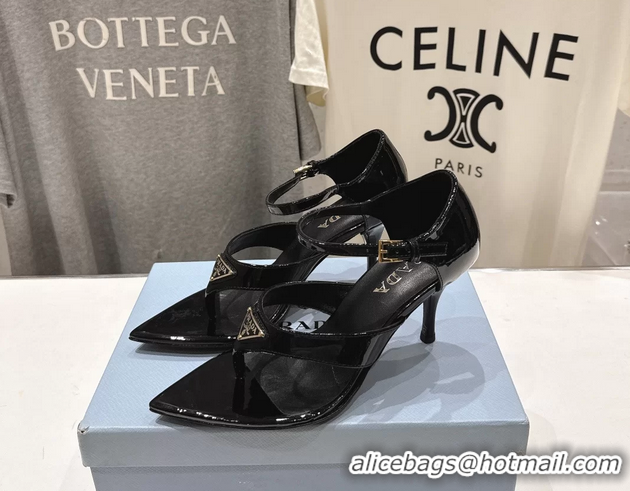 Best Price Prada Triangle Logo Black Patent Leather High Heeled Sandals 85MM 6050811 Black