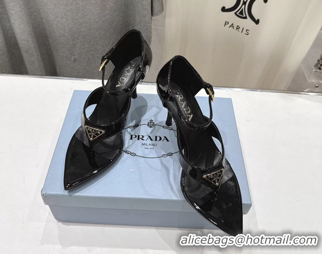 Best Price Prada Triangle Logo Black Patent Leather High Heeled Sandals 85MM 6050811 Black