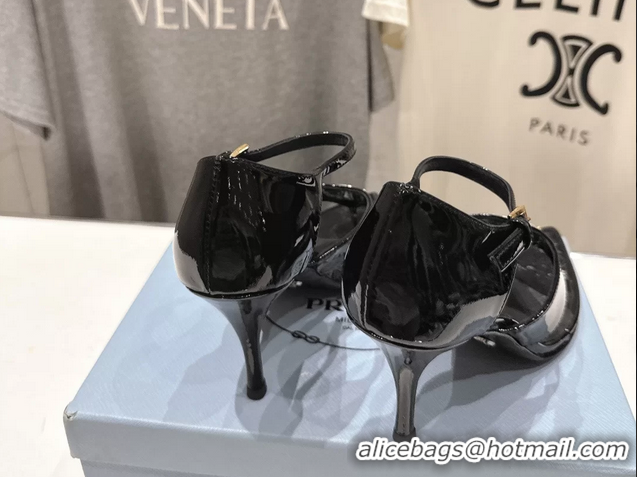 Best Price Prada Triangle Logo Black Patent Leather High Heeled Sandals 85MM 6050811 Black