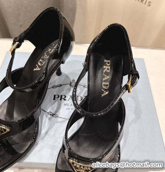 Best Price Prada Triangle Logo Black Patent Leather High Heeled Sandals 85MM 6050811 Black