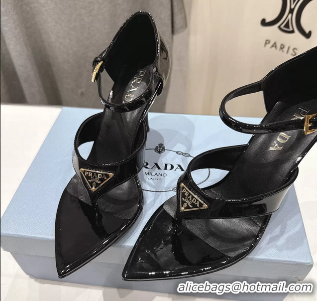 Best Price Prada Triangle Logo Black Patent Leather High Heeled Sandals 85MM 6050811 Black