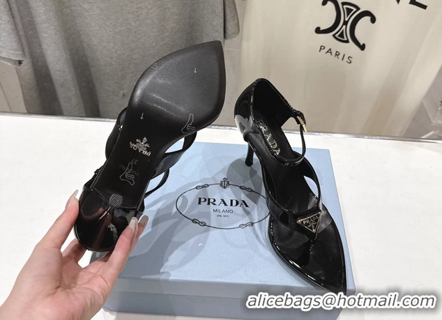 Best Price Prada Triangle Logo Black Patent Leather High Heeled Sandals 85MM 6050811 Black