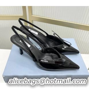 Best Grade Prada Black Patent Leather Slingback Pumps 75MM 6050813 Black