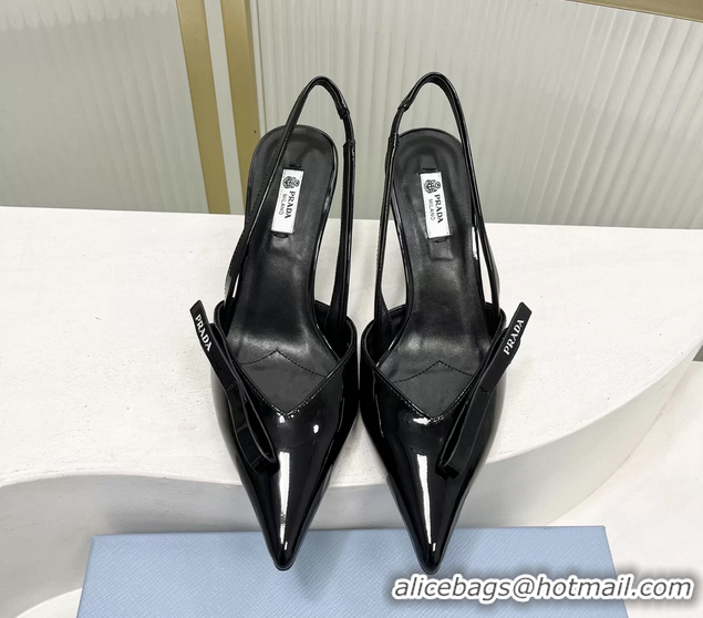 Best Grade Prada Black Patent Leather Slingback Pumps 75MM 6050813 Black