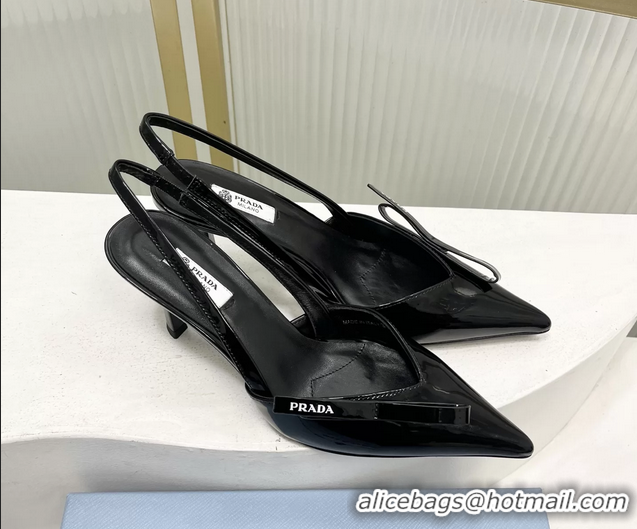 Best Grade Prada Black Patent Leather Slingback Pumps 75MM 6050813 Black