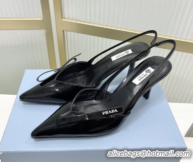 Best Grade Prada Black Patent Leather Slingback Pumps 75MM 6050813 Black