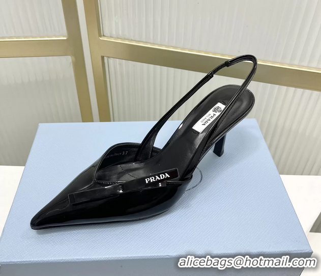 Best Grade Prada Black Patent Leather Slingback Pumps 75MM 6050813 Black