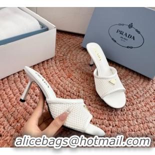 Duplicate Prada Triangle Logo Mesh Heeled Slides Sandals 6050814 White