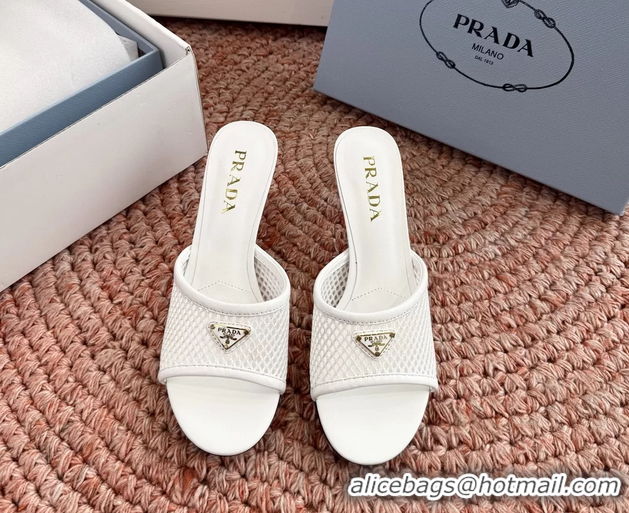 Duplicate Prada Triangle Logo Mesh Heeled Slides Sandals 6050814 White