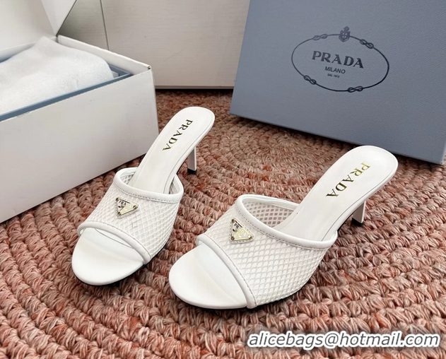Duplicate Prada Triangle Logo Mesh Heeled Slides Sandals 6050814 White