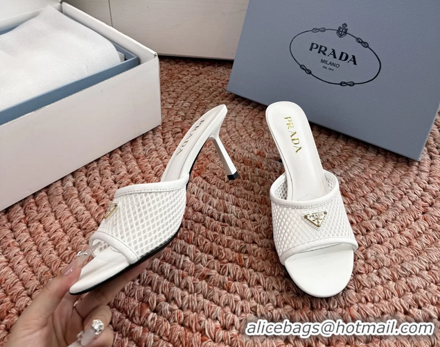Duplicate Prada Triangle Logo Mesh Heeled Slides Sandals 6050814 White