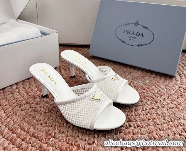 Duplicate Prada Triangle Logo Mesh Heeled Slides Sandals 6050814 White