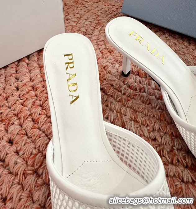 Duplicate Prada Triangle Logo Mesh Heeled Slides Sandals 6050814 White