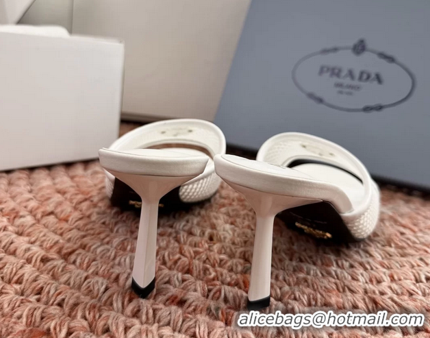 Duplicate Prada Triangle Logo Mesh Heeled Slides Sandals 6050814 White