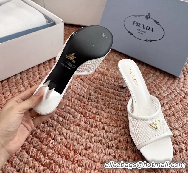 Duplicate Prada Triangle Logo Mesh Heeled Slides Sandals 6050814 White