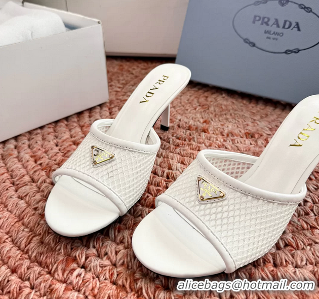 Duplicate Prada Triangle Logo Mesh Heeled Slides Sandals 6050814 White