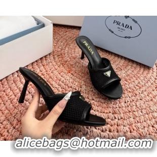 Low Cost Prada Triangle Logo Mesh Heeled Slides Sandals 6050814 Black