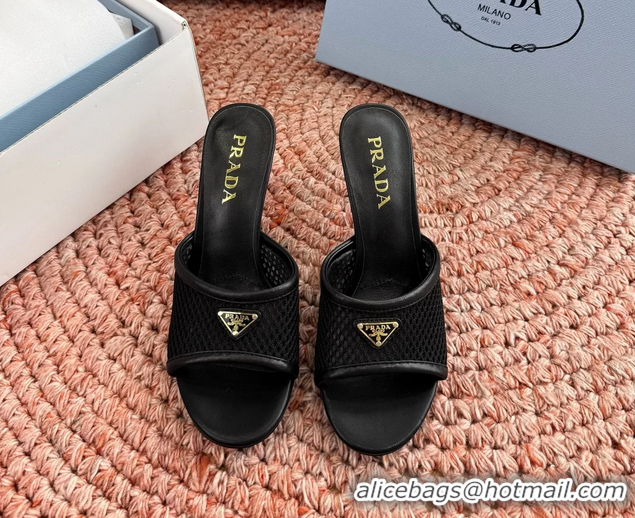 Low Cost Prada Triangle Logo Mesh Heeled Slides Sandals 6050814 Black