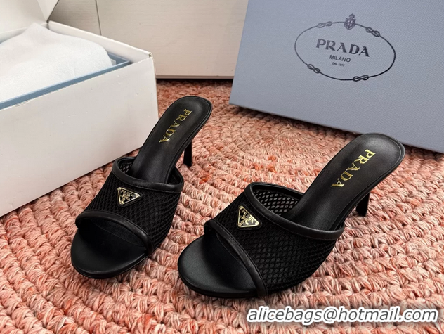 Low Cost Prada Triangle Logo Mesh Heeled Slides Sandals 6050814 Black