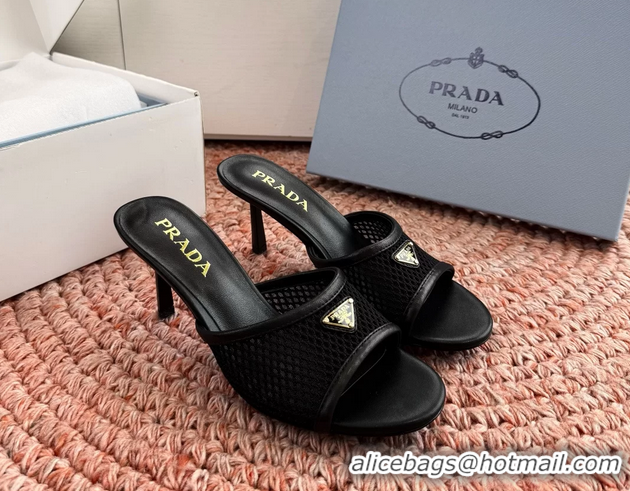 Low Cost Prada Triangle Logo Mesh Heeled Slides Sandals 6050814 Black