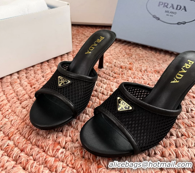 Low Cost Prada Triangle Logo Mesh Heeled Slides Sandals 6050814 Black