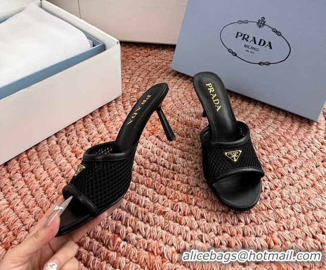 Low Cost Prada Triangle Logo Mesh Heeled Slides Sandals 6050814 Black