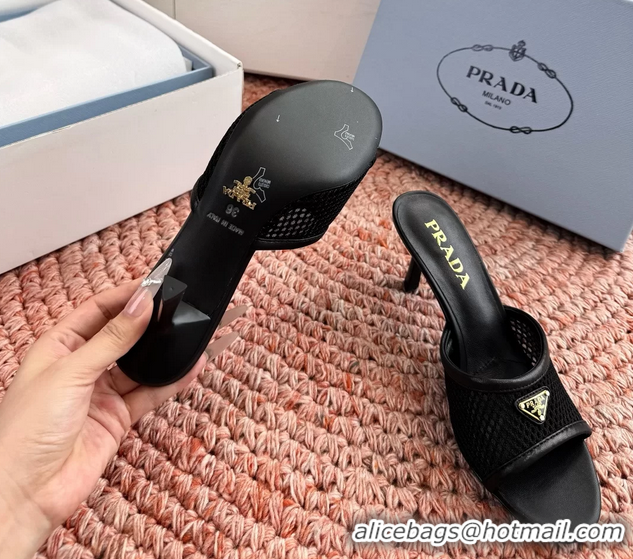 Low Cost Prada Triangle Logo Mesh Heeled Slides Sandals 6050814 Black