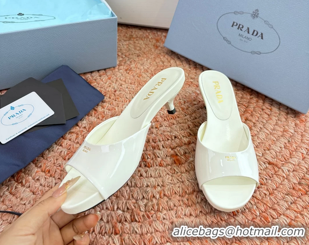 Luxurious Prada Patent Leather Kitten Heel Slides Sandals 6050815 White