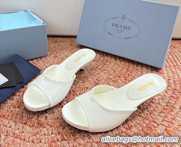 Luxurious Prada Patent Leather Kitten Heel Slides Sandals 6050815 White