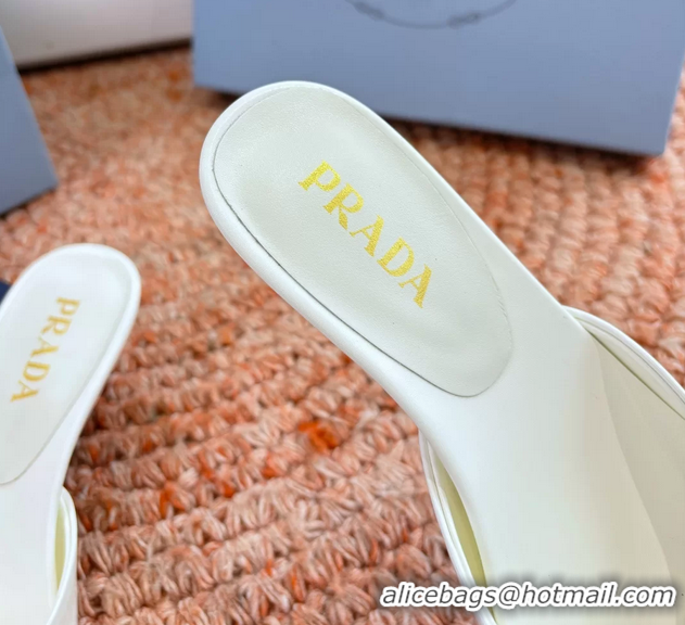 Luxurious Prada Patent Leather Kitten Heel Slides Sandals 6050815 White