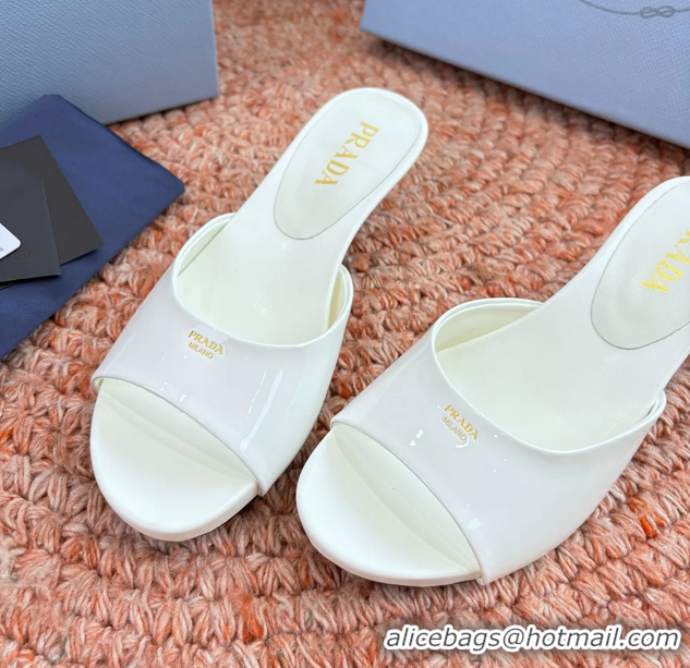 Luxurious Prada Patent Leather Kitten Heel Slides Sandals 6050815 White