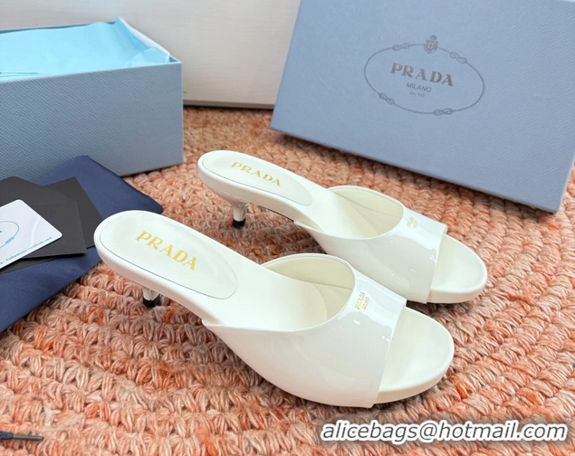 Luxurious Prada Patent Leather Kitten Heel Slides Sandals 6050815 White